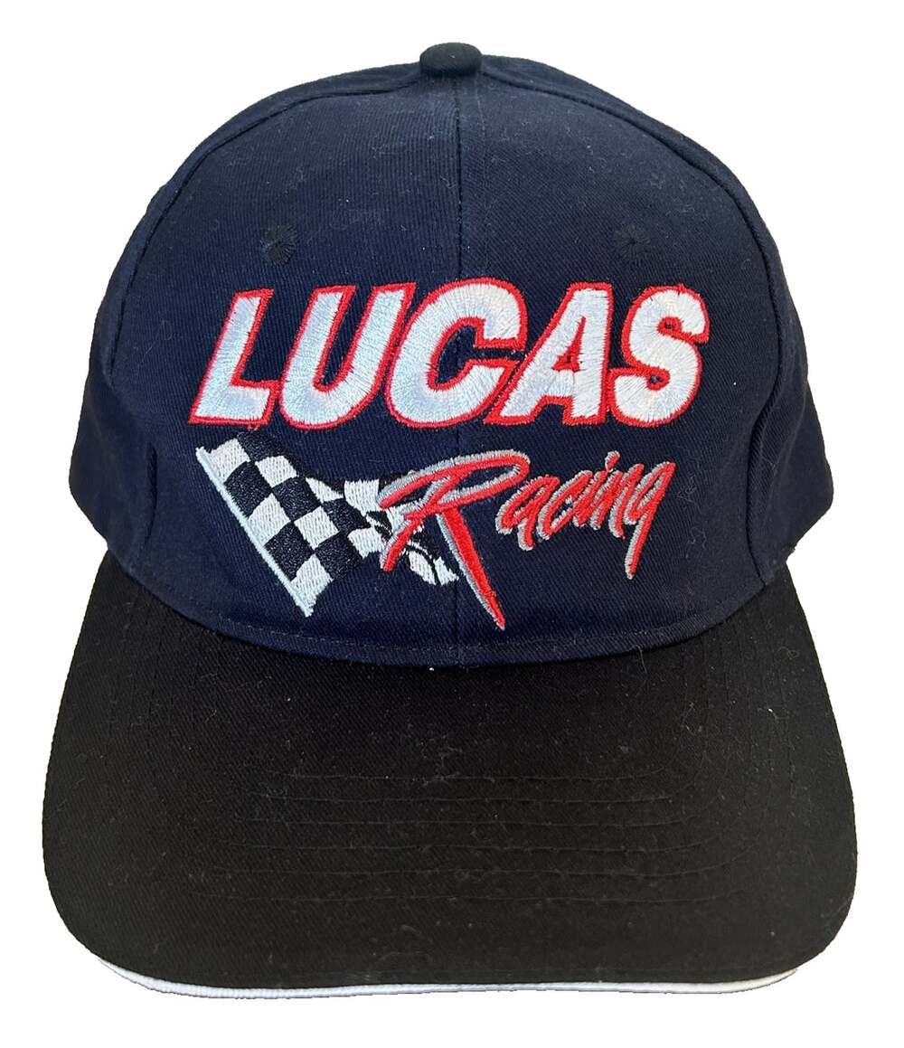 NASCAR Lucas Racing Ball Cap Blue Black Brim Strapback Checkered Flag